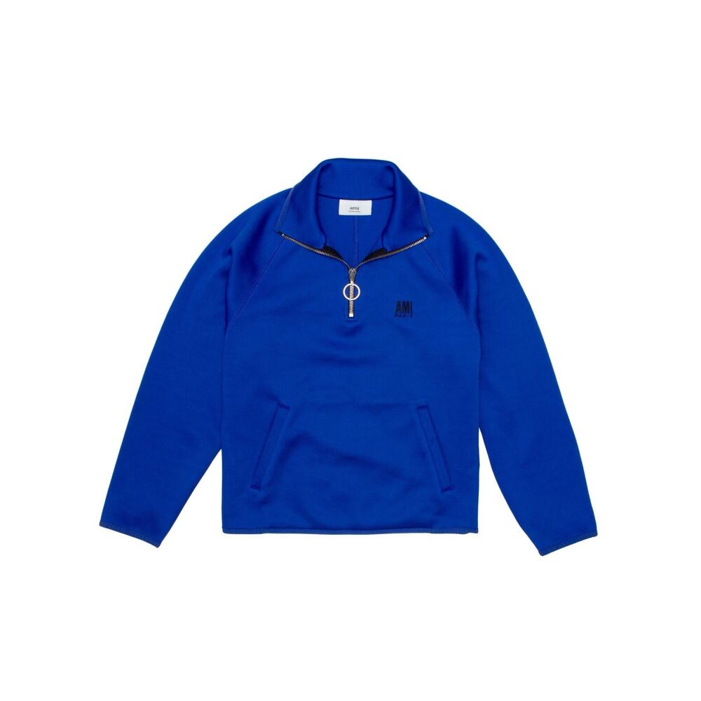 AMI Paris Logo Embroidered Half-Zip Sweatshirt Blue Size: Medium